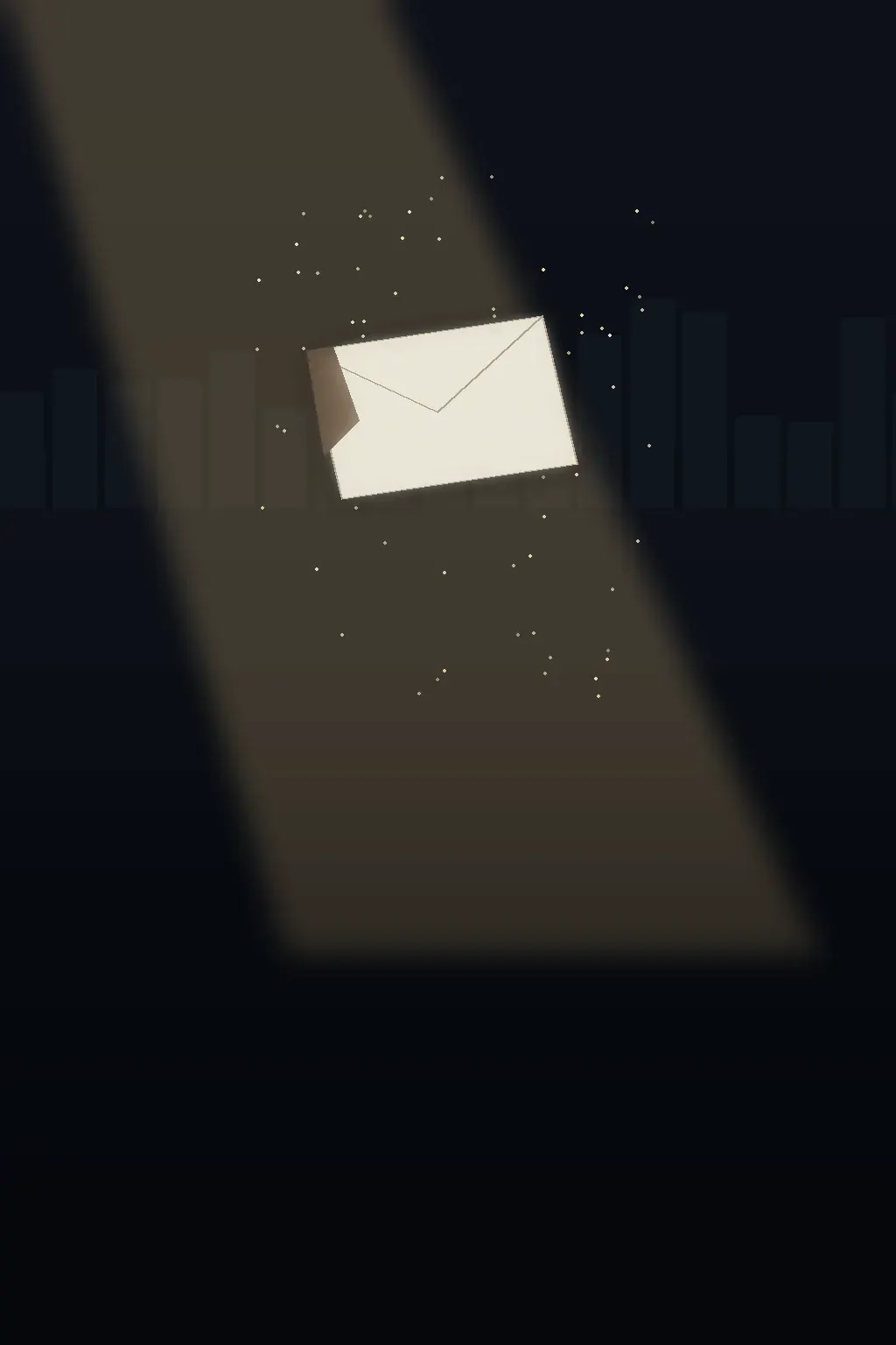 Illustrated envelope glowing in a shaft of light above a dark skyline